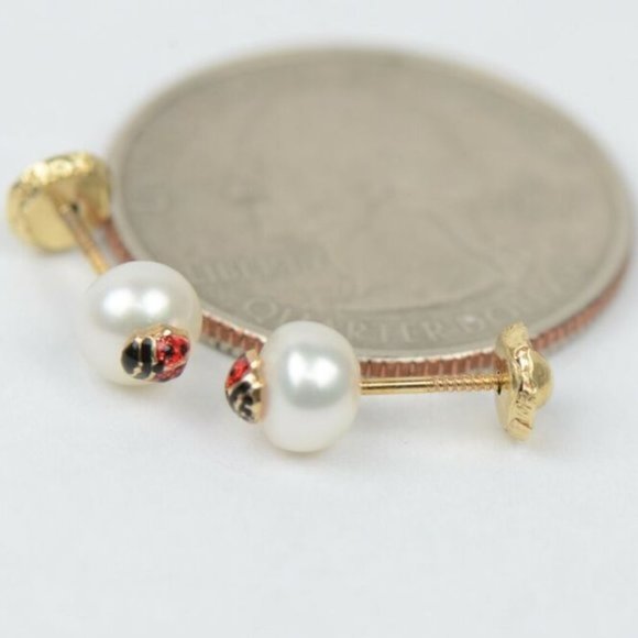 Solid 14k Yellow Gold Red and Black Enamel Ladybug Baby Screw Earrings Large - Picture 3 of 7